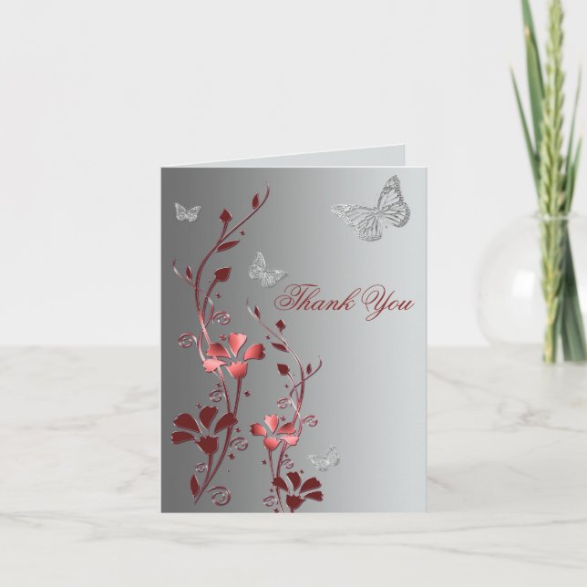 Red and Silver Butterflies Thank You Card (Front)