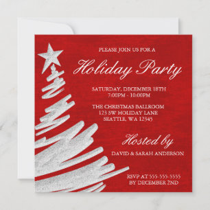 Red and Silver Christmas Tree Holiday Party Invitation