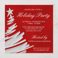 Red and Silver Christmas Tree Holiday Party Invitation