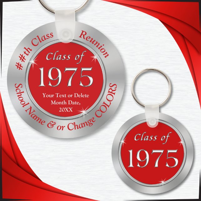 Red and Silver Class of 1975 Keychains Personalize (Red and Silver Gray, Class of 1975 Reunion Ideas. Class of 75, Keychains as class reunion souvenirs.)