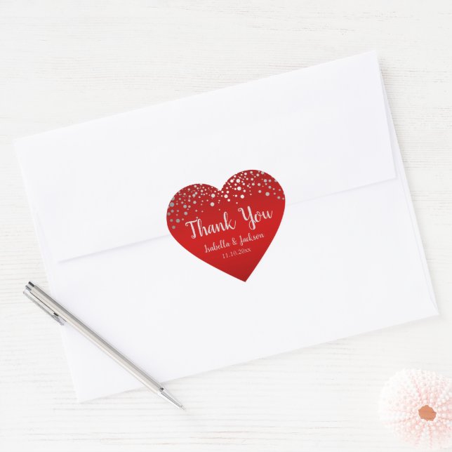 Red and Silver Confetti Dots - Heart Sticker (Envelope)