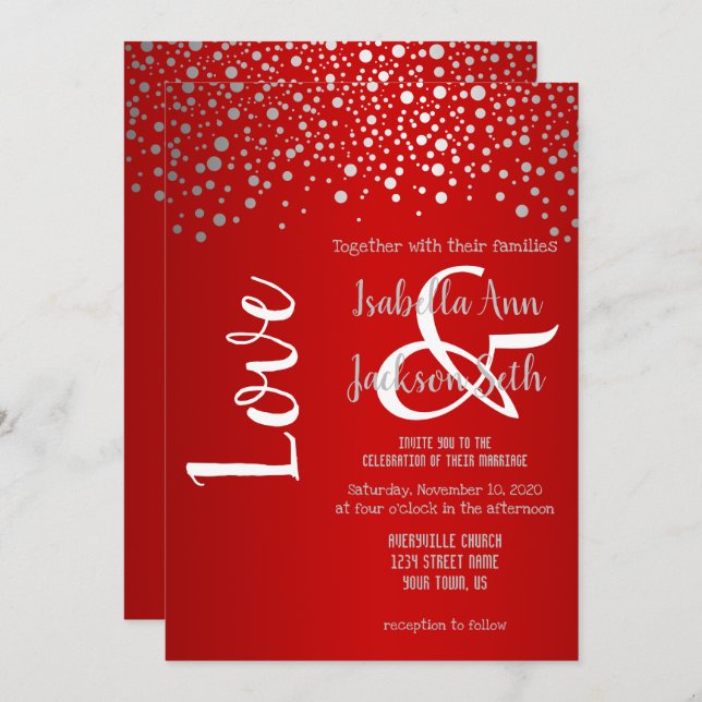Red and Silver Confetti Dots Invitation (Front/Back)