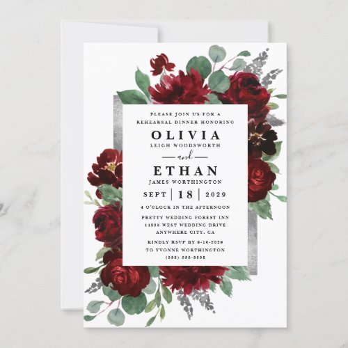 Red and Silver Country Burgundy Rehearsal Dinner Invitation