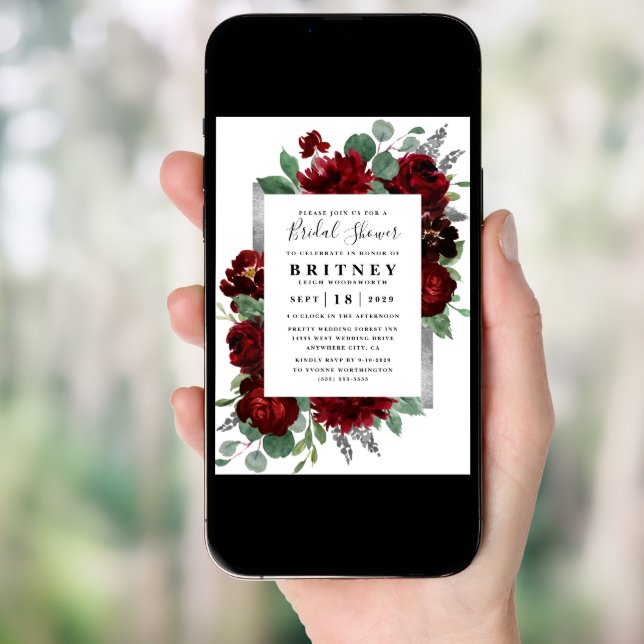 Red and Silver Country Burgundy Rose Bridal Shower Invitation (Front Digital)