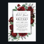 Red and Silver Country Burgundy Rose Bridal Shower Invitation<br><div class="desc">Design features watercolor peony and rose floral elements in shades of red and burgundy over eucalyptus botanical greenery. Template also features a printed silver or gray colored box for an added elegant layout. The typography displays a modern layout with black text. View the collection link on this page to find...</div>