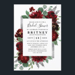 Red and Silver Country Burgundy Rose Bridal Shower Invitation<br><div class="desc">Design features watercolor peony and rose floral elements in shades of red and burgundy over eucalyptus botanical greenery. Template also features a printed silver or gray colored box for an added elegant layout. The typography displays a modern layout with black text. View the collection link on this page to find...</div>