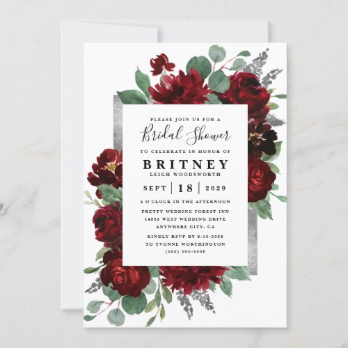 Red and Silver Country Burgundy Rose Bridal Shower Invitation