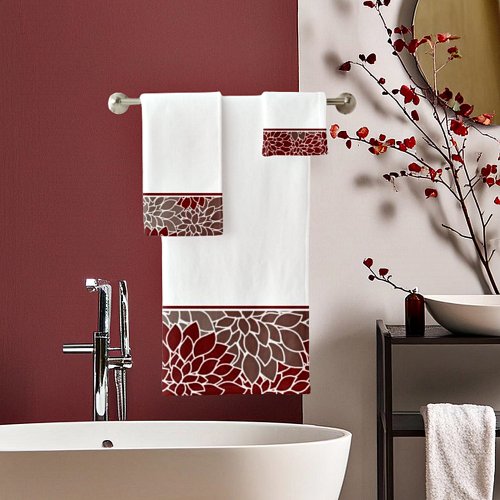 Red and silver dahlias  bath towel set