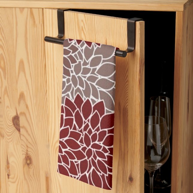 Red and silver dahlias  kitchen towel (Thirds Fold)