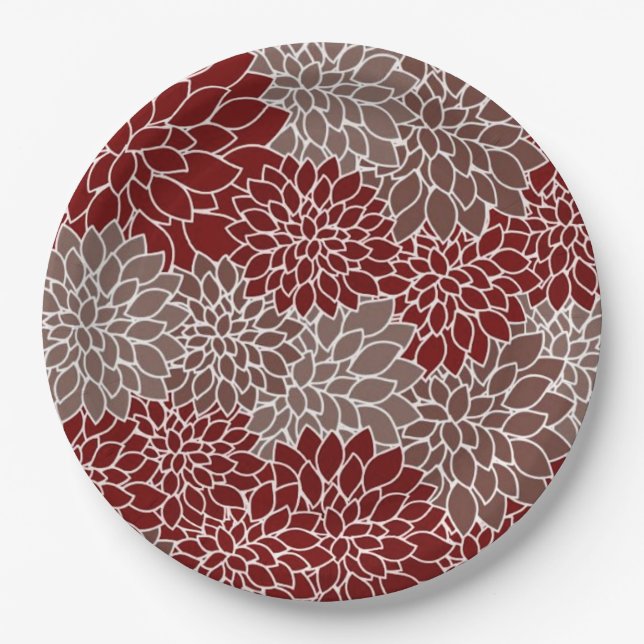 Red and silver dahlias  paper plates (Front)