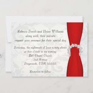 Red and Silver Damask Diamond Bow Wedding Invitation