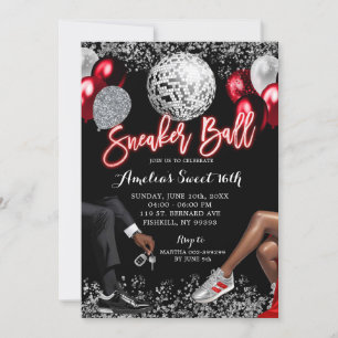 Red and Silver Disco Sneaker Ball Birthday Invitation