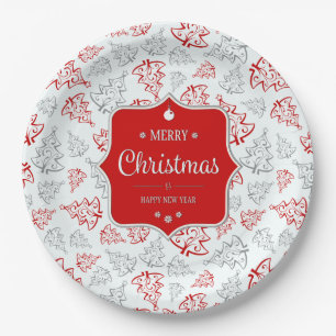 Red and Silver Elegant Christmas Trees Pattern Paper Plates