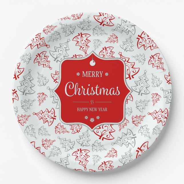 Red and Silver Elegant Christmas Trees Pattern Paper Plates (Front)
