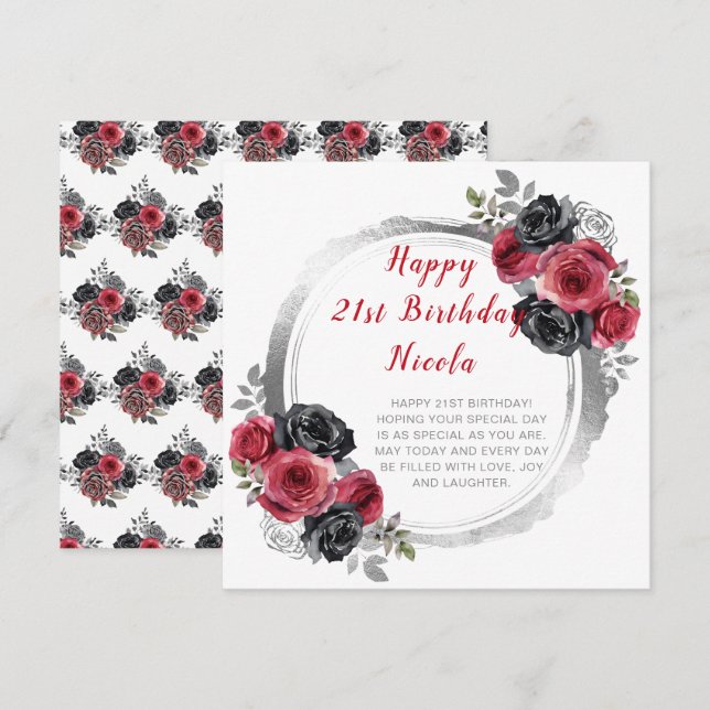 Red and Silver Elegant Flower Birthday Party Card (Front/Back)