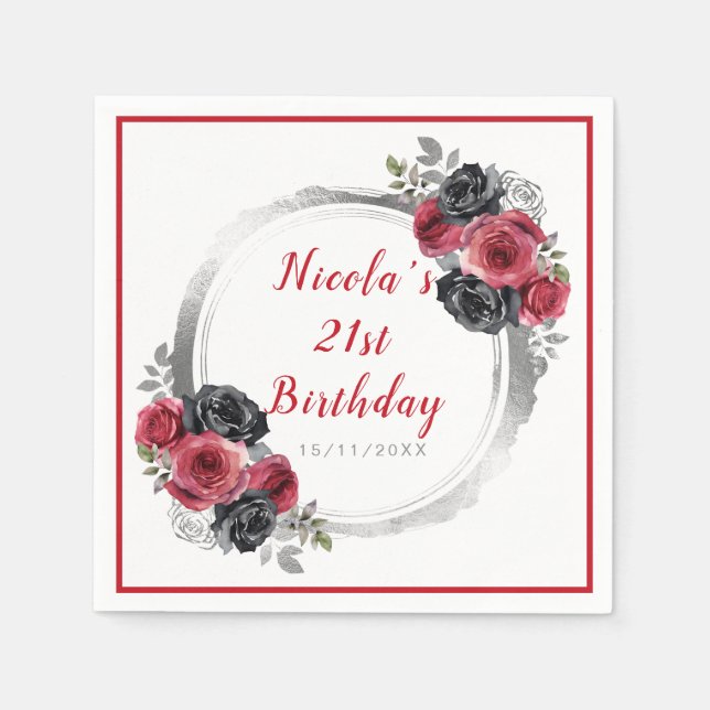 Red and Silver Elegant Flower Birthday Party Napkins (Front)