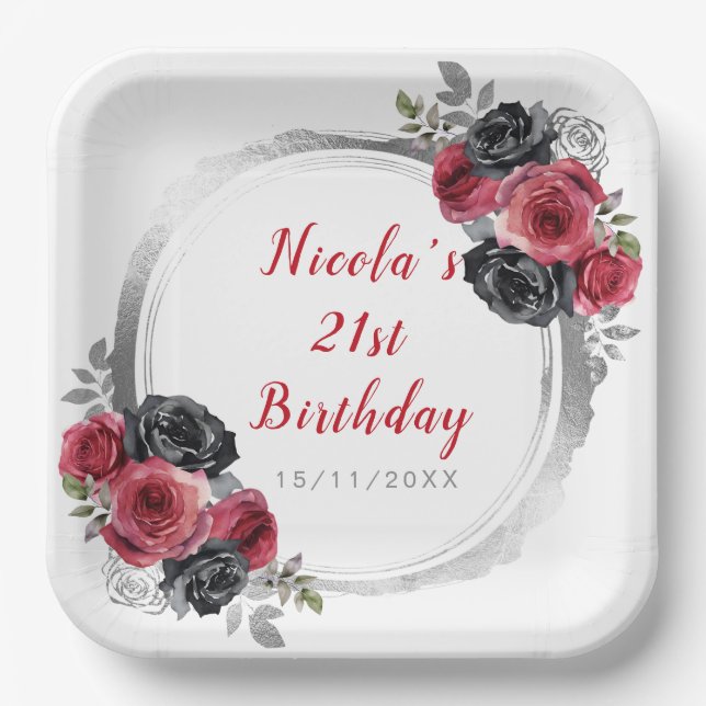 Red and Silver Elegant Flower Birthday Party Paper Plates (Front)