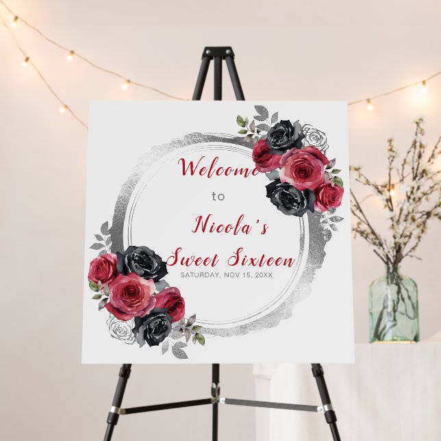Red and Silver Elegant Flower Sweet Sixteen Foam Board (In Situ (Stand))