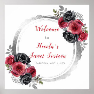 Red and Silver Elegant Flower Sweet Sixteen Poster