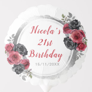 Red and Silver Elegant Flowers Birthday Party Balloon