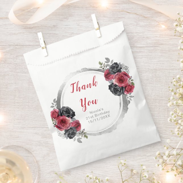 Red and Silver Elegant Flowers Birthday Party Favor Bag (Clipped)