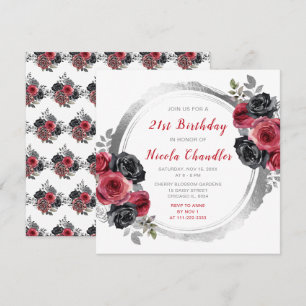 Red and Silver Elegant Flowers Birthday Party Invitation