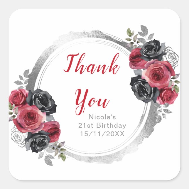 Red and Silver Elegant Flowers Birthday Party Square Sticker (Front)