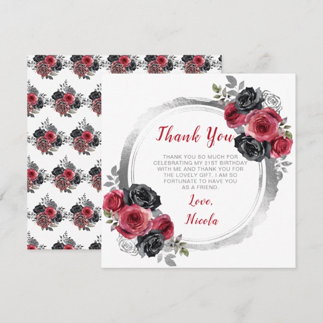 Red and Silver Elegant Flowers Birthday  Thank You Card (Front/Back)