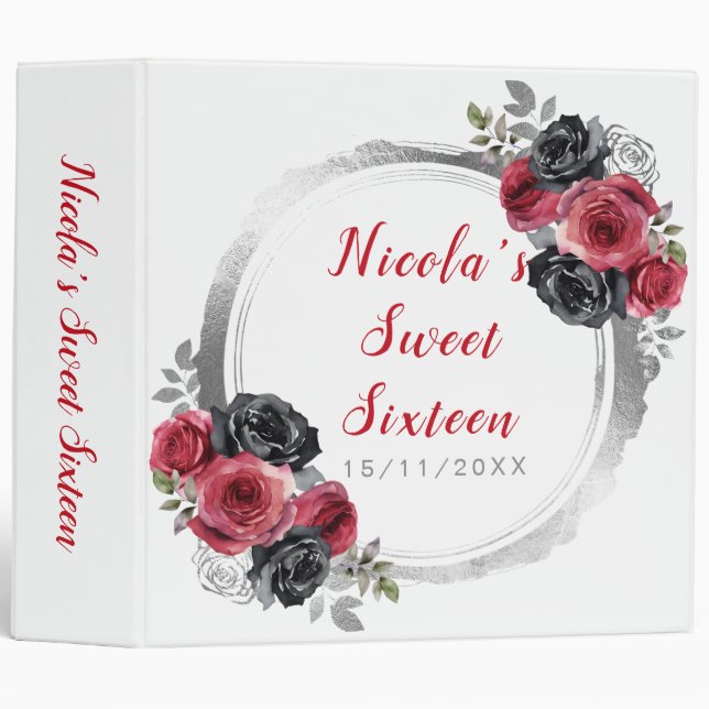 Red and Silver Elegant Flowers Sweet Sixteen 3 Ring Binder (Front/Spine)