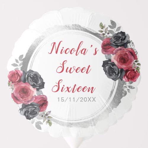 Red and Silver Elegant Flowers Sweet Sixteen Balloon