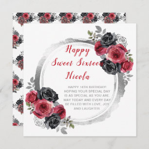Red and Silver Elegant Flowers Sweet Sixteen Card