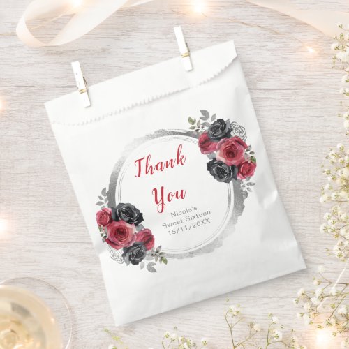 Red and Silver Elegant Flowers Sweet Sixteen Favor Bag