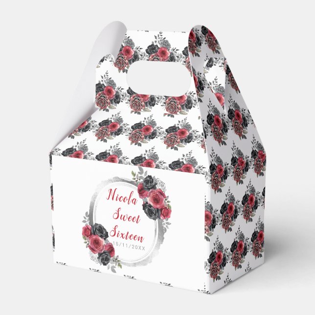 Red and Silver Elegant Flowers Sweet Sixteen Favor Boxes (Front Side)