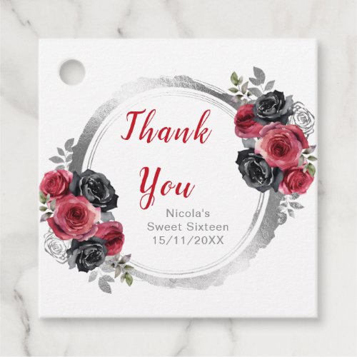 Red and Silver Elegant Flowers Sweet Sixteen Favor Tags