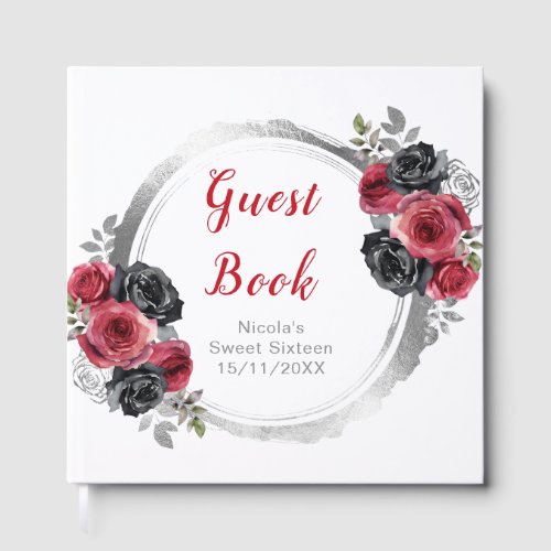 Red and Silver Elegant Flowers Sweet Sixteen Guest Book