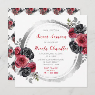Red and Silver Elegant Flowers Sweet Sixteen Invitation
