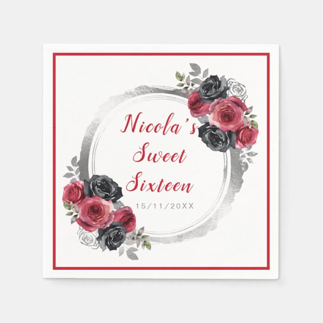 Red and Silver Elegant Flowers Sweet Sixteen Napkins (Front)