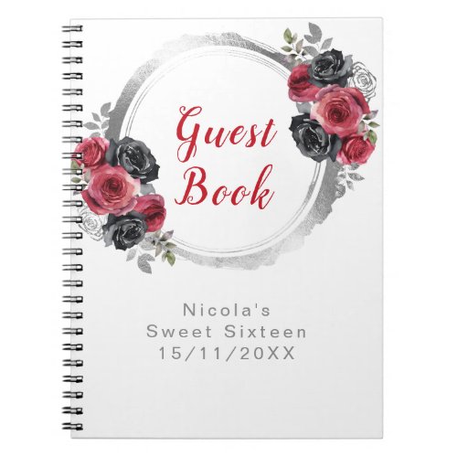 Red and Silver Elegant Flowers Sweet Sixteen Notebook