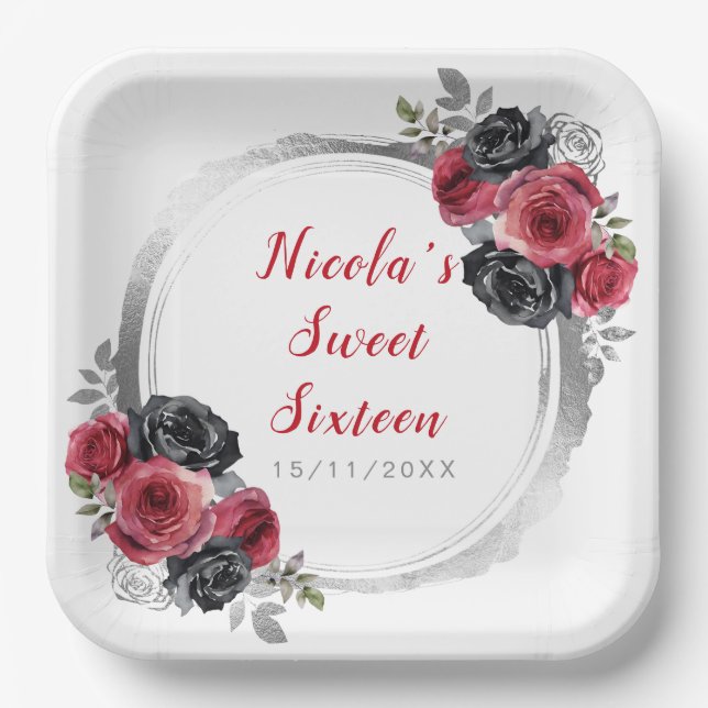 Red and Silver Elegant Flowers Sweet Sixteen Paper Plates (Front)