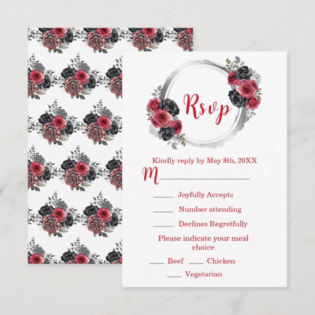Red and Silver Elegant Flowers Sweet Sixteen RSVP Card (Front/Back)