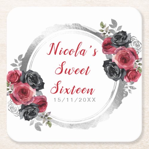 Red and Silver Elegant Flowers Sweet Sixteen Square Paper Coaster