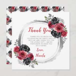 Red and Silver Elegant Flowers Sweet Sixteen Thank You Card