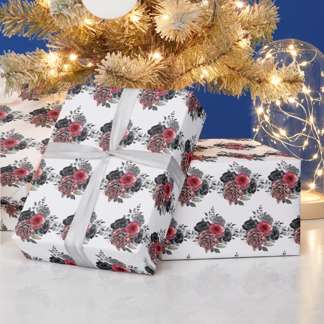 Red and Silver Elegant Flowers Wrapping Paper (Holidays)