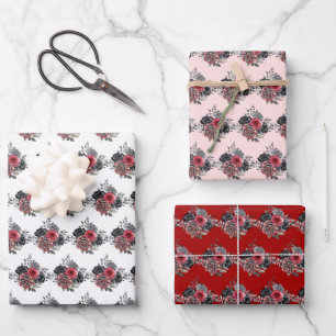Red and Silver Elegant Flowers Wrapping Paper Sheets