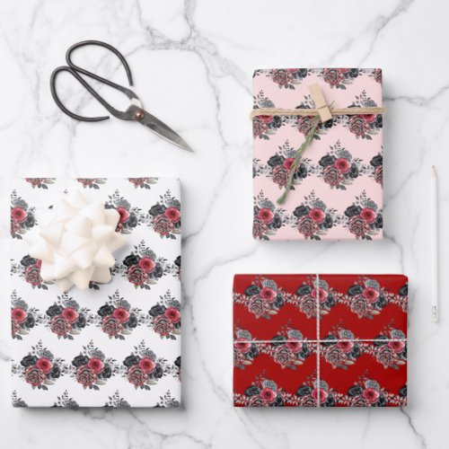 Red and Silver Elegant Flowers Wrapping Paper Sheets