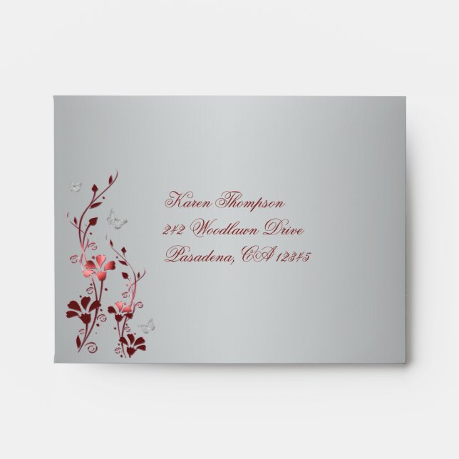 Red and Silver Floral A2 Envelope for RSVP Card (Front)