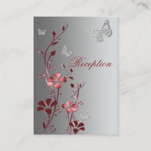 Customizable Red and Silver Floral Butterflies Reception Card Business Card Templates