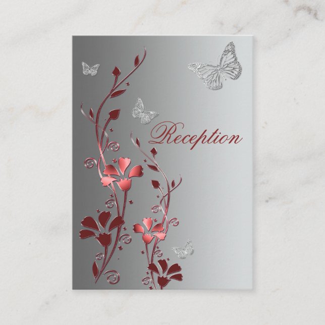 Red and Silver Floral Butterflies Reception Card (Front)
