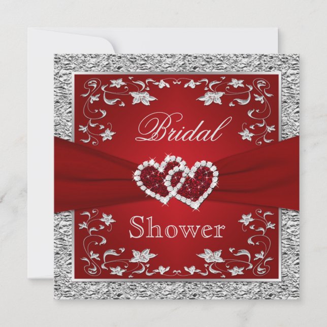 Red and Silver Floral, Hearts Bridal Shower Invitation (Front)