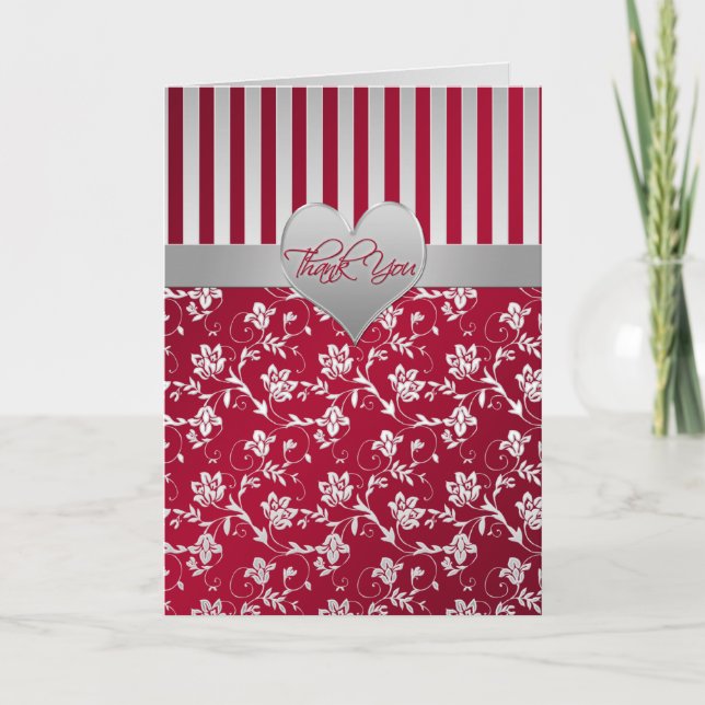 Red and Silver Floral Hearts Thank You Card (Front)